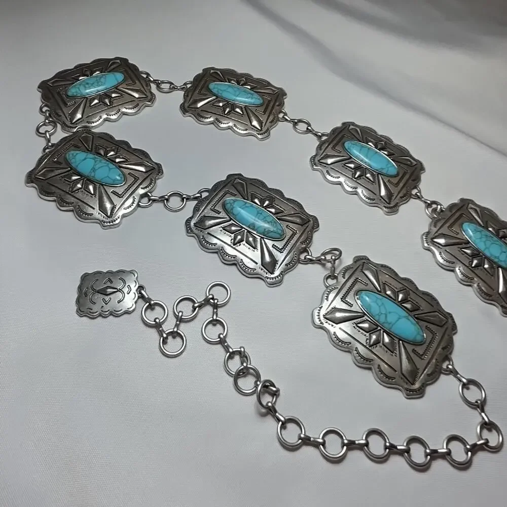 Rectangular Silver Tone Turquoise Concho Chain Western Belt Womens M Festival - Picture 3 of 11